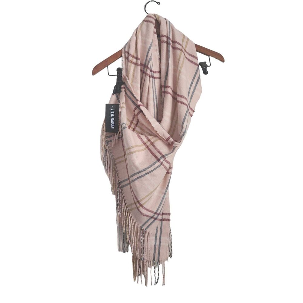 Steve Madden Women's Plaid Fringe‎ Scarf Blush Pink Designer New